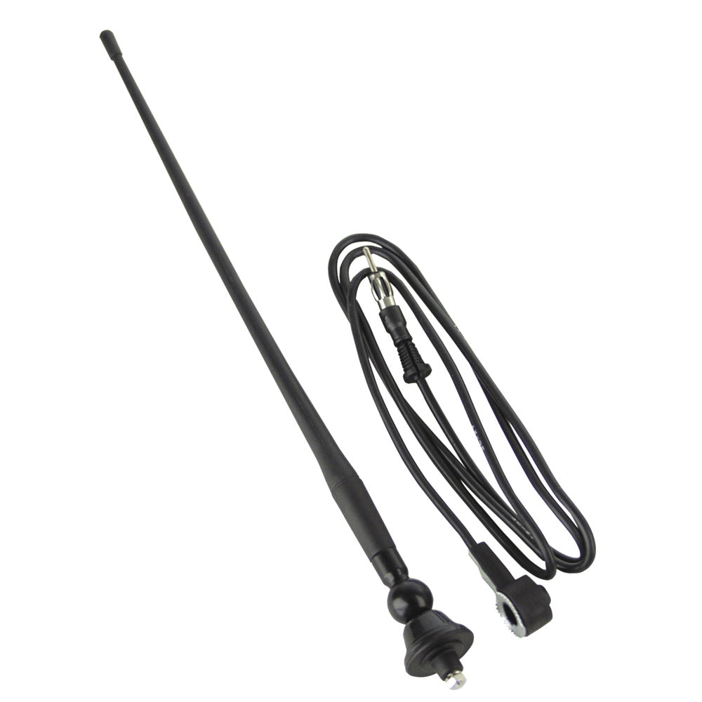 Boss Audio MRANT12 black rubber AM/FM antenna for car radios, shown in close-up image.
