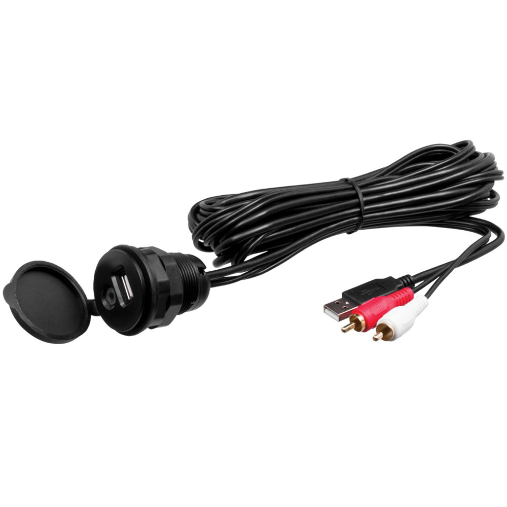 Boss Audio MUSB35 USB/Aux extension cable connected to audio devices, showcasing flexible accessory for enhanced connectivity.