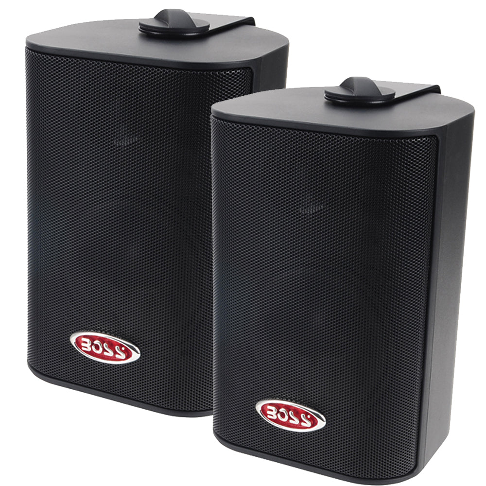 Black Boss Audio 4-inch MR4.3B box speakers with 200W power output, designed for clear, high-quality sound.