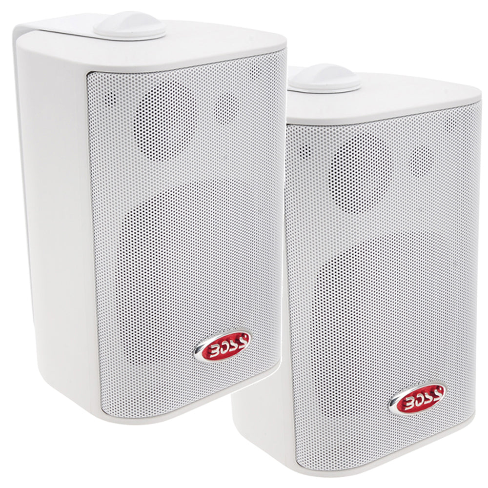 White Boss Audio 4-inch MR4.3W box speakers with 200W power, showcasing durable design and sound grille.