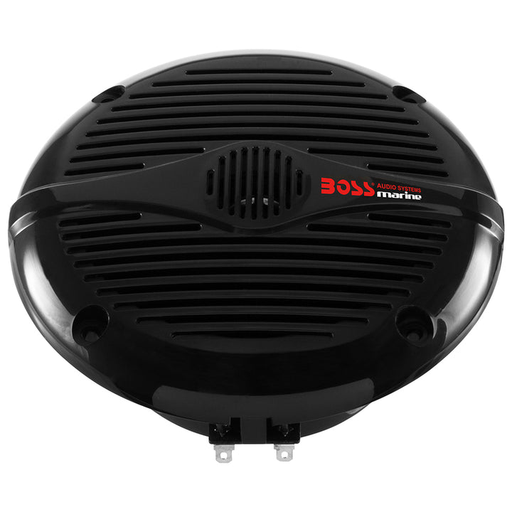 Black Boss Audio 5.25-inch MR50B speakers with 150W power output, showcasing their sleek design and compact size.