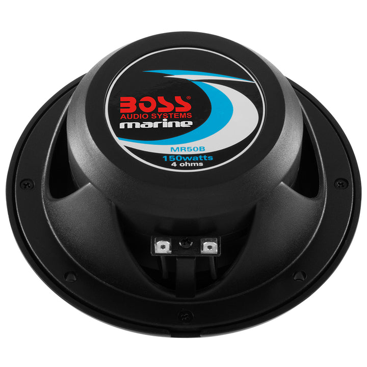 Boss Audio 5.25-inch MR50B black speakers with 150W power output, showcasing the speaker cones and sleek design.