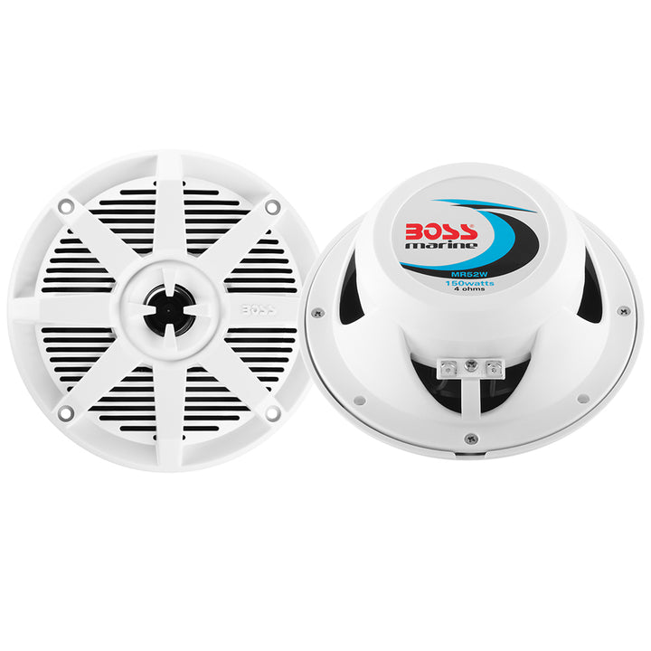 White Boss Audio 5.25-inch MR52W speaker with 150W power output, designed for clear audio performance in vehicles.
