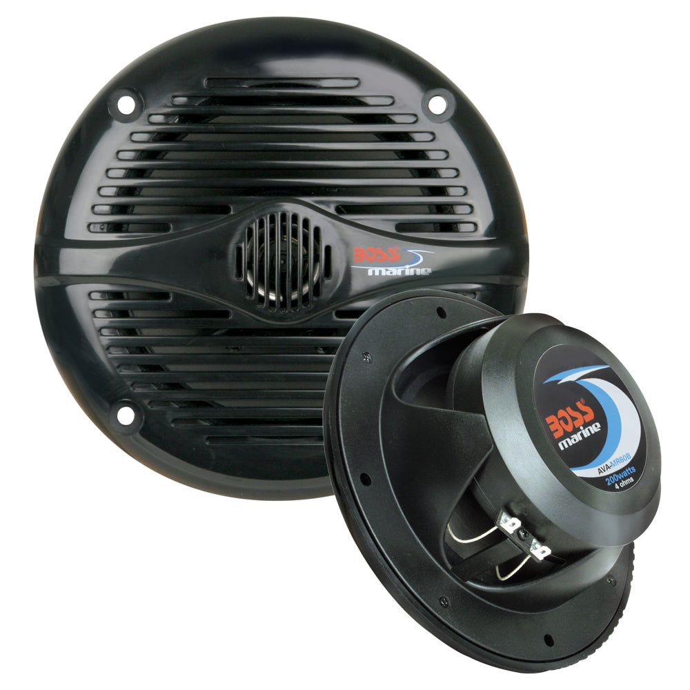 Black Boss Audio 6.5-inch MR60B speakers with 200W power output, shown in a close-up view highlighting the speaker design.