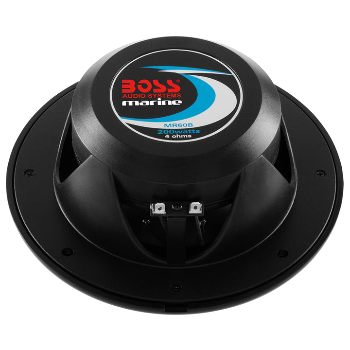 Black Boss Audio 6.5-inch MR60B speakers with 200W power, showcasing their sleek design and durable build for quality sound.