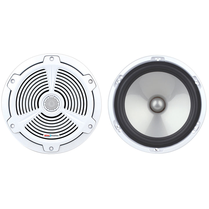 Boss Audio 6.5-inch MR652C white car speakers with 350W power output, shown in a close-up view.