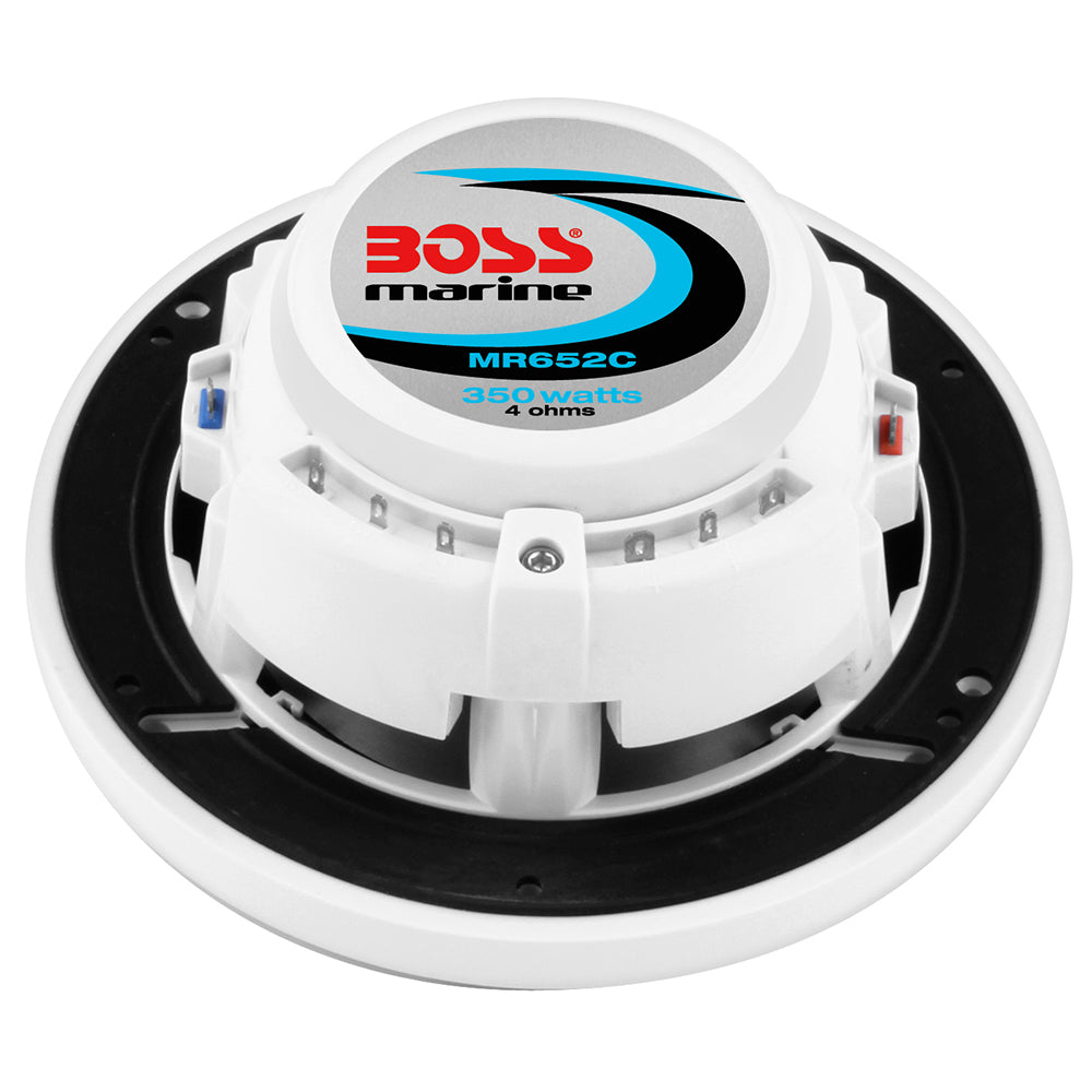 White Boss Audio 6.5-inch MR652C speakers with 350W power output, showing the speaker cones and mounting frame.