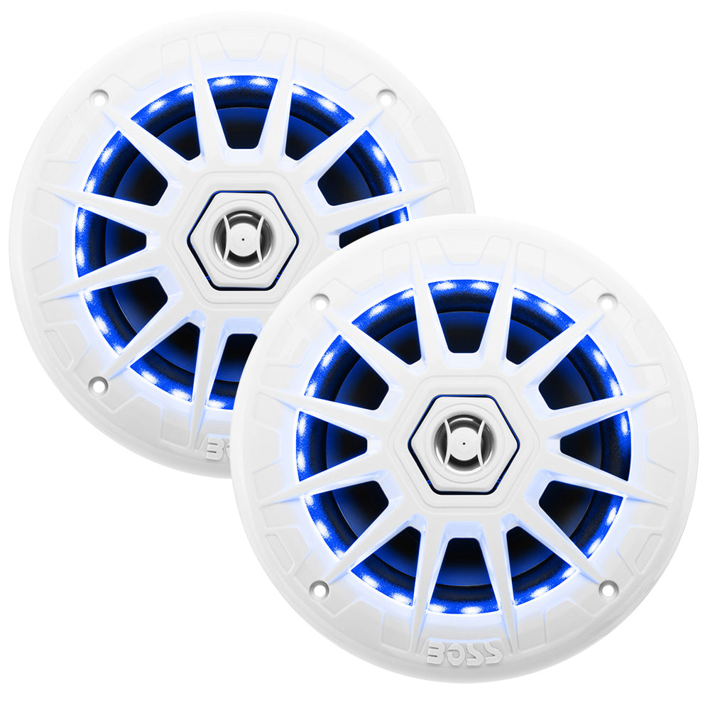 Boss Audio 6.5-inch MRGB65 speakers with RGB lighting in white, delivering 200W of power for car audio systems.