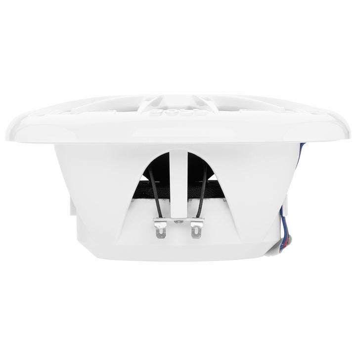 Boss Audio 6.5-inch MRGB65 speakers with RGB lighting in white, 200W car audio speakers shown with sleek design and lighting features.