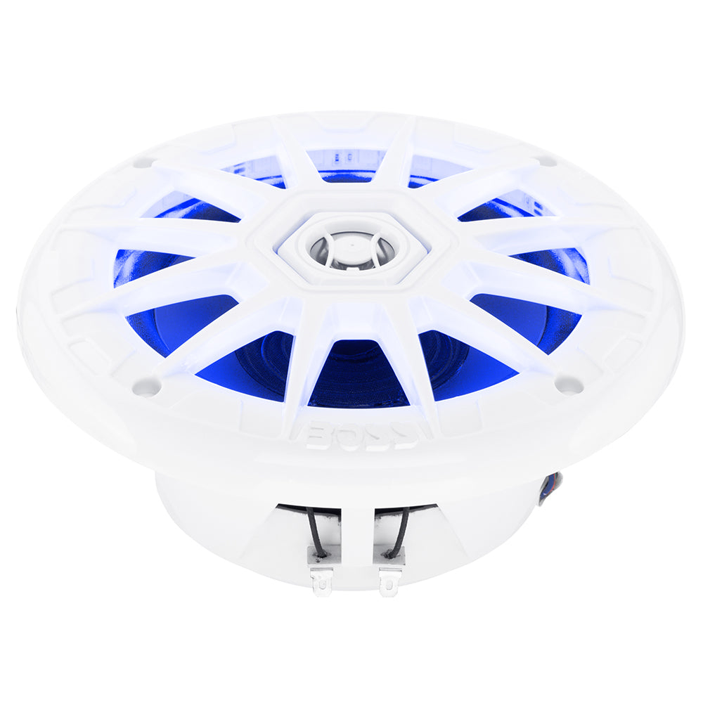 Boss Audio 6.5-inch MRGB65 speakers with RGB lighting in white, showcasing their sleek design and 200W power output.