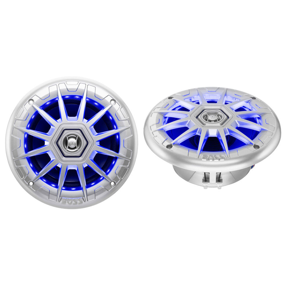 Boss Audio 6.5-inch MRGB65S speakers with RGB lighting in silver, rated at 200W, designed for high-quality car audio systems.