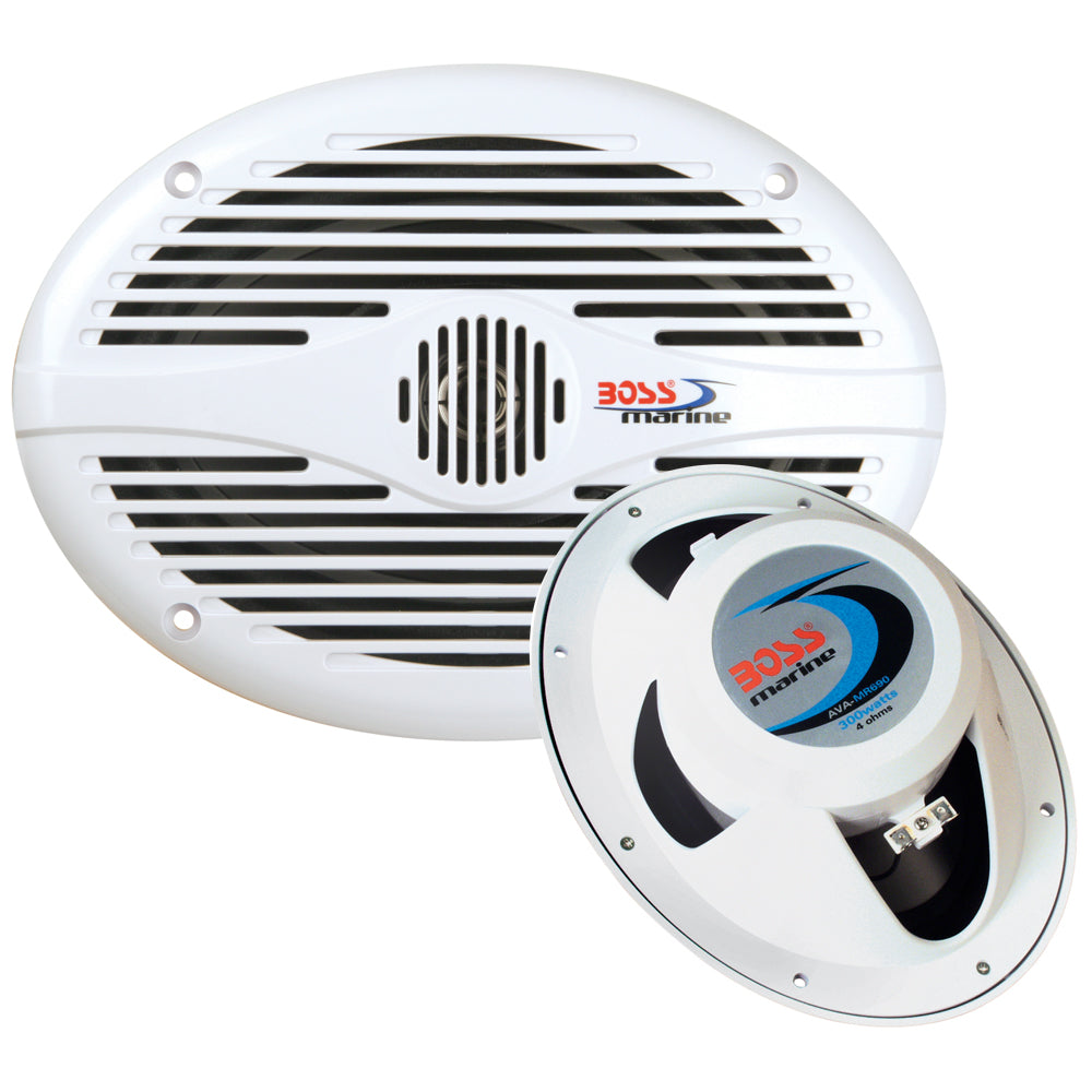 White Boss Audio 6x9 inch MR690 oval speakers with 350W power output, shown in a close-up view of the speakers.