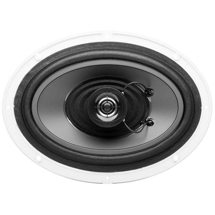 Boss Audio 6"x 9" MR690 oval speakers in white, 350W car speakers with durable design and high power output.