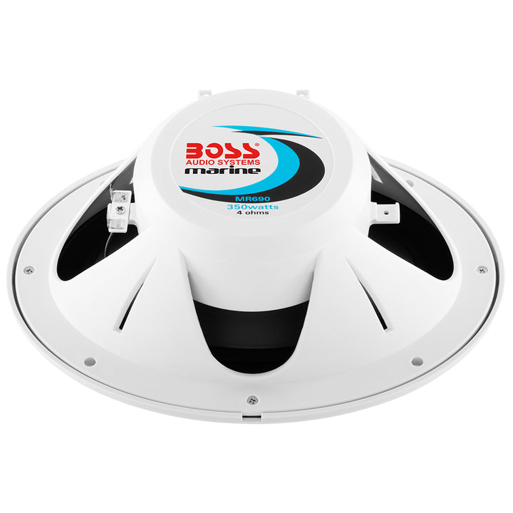 White Boss Audio 6x9 inch MR690 oval speakers with 350W power output, shown installed in a vehicle door.