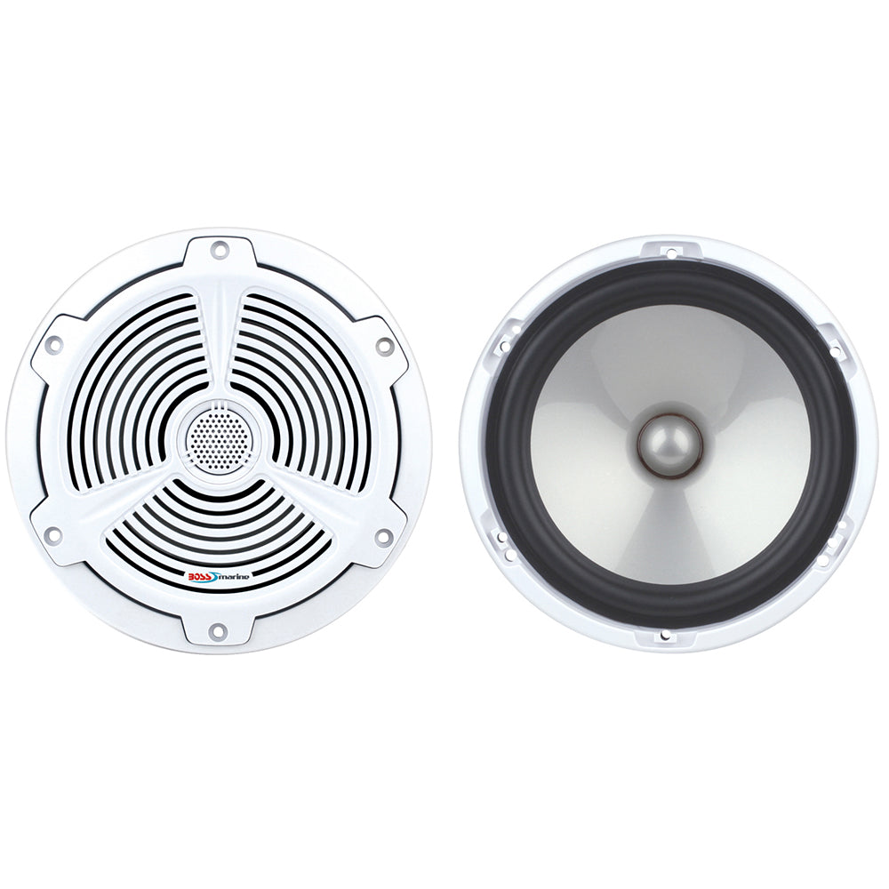 White Boss Audio 7.5-inch MR752C speakers with 400W power output, shown installed in a vehicle door panel.