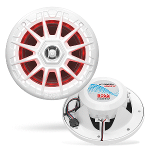 Boss Audio MRGB55W 5.25-inch marine speakers with RGB lighting in white, showcasing the sleek design and water-resistant features.