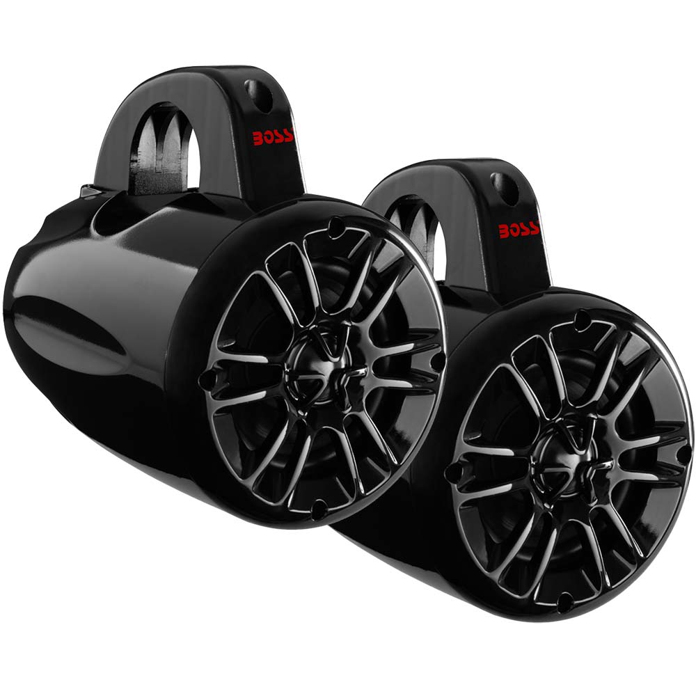 Boss Audio 4-inch MRWT40 waketower speakers in black with 400W power, designed for marine sound systems.
