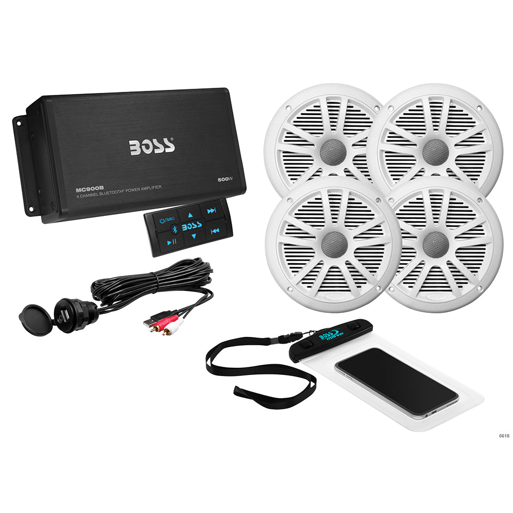 Boss Audio ASK904B.64 4-channel amplifier with white 6.5-inch speaker kit, ideal for car stereo audio systems.