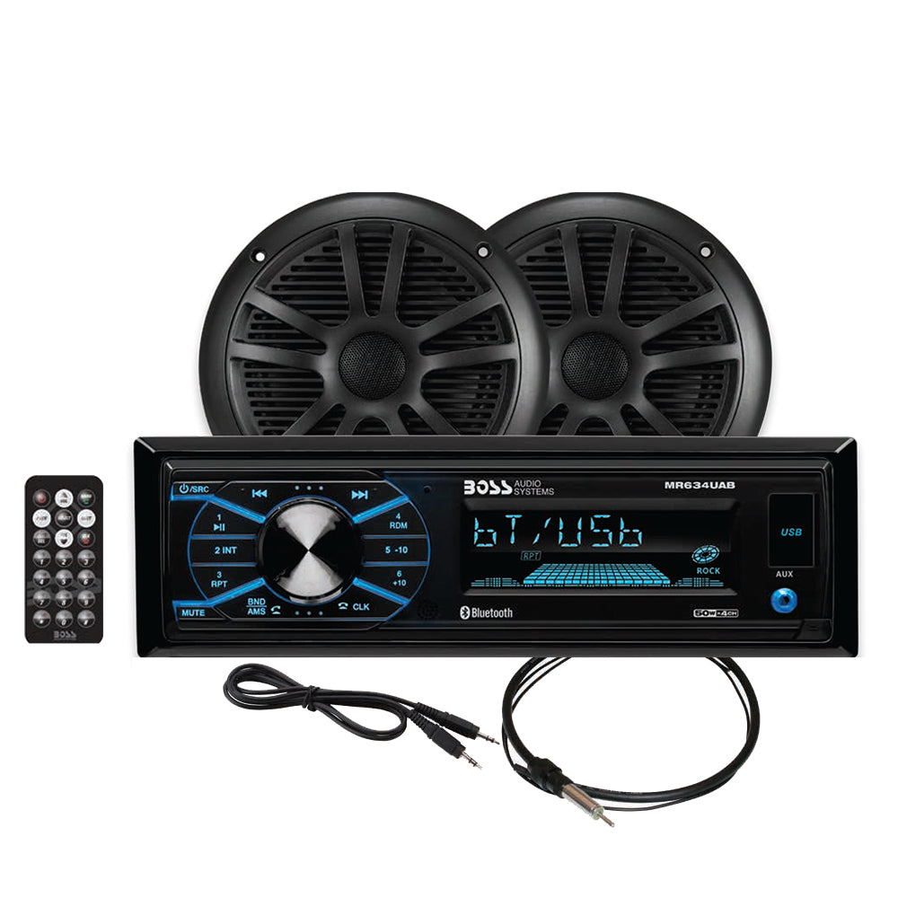 Boss Audio MCBK634B.6 marine stereo 6.5-inch speaker kit in black, shown installed with speakers and wiring components.