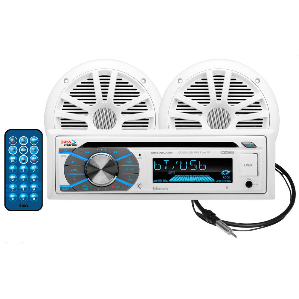 Boss Audio MCK508WB.6 marine stereo with white 6.5-inch speakers, showing the stereo unit and speaker kit components.