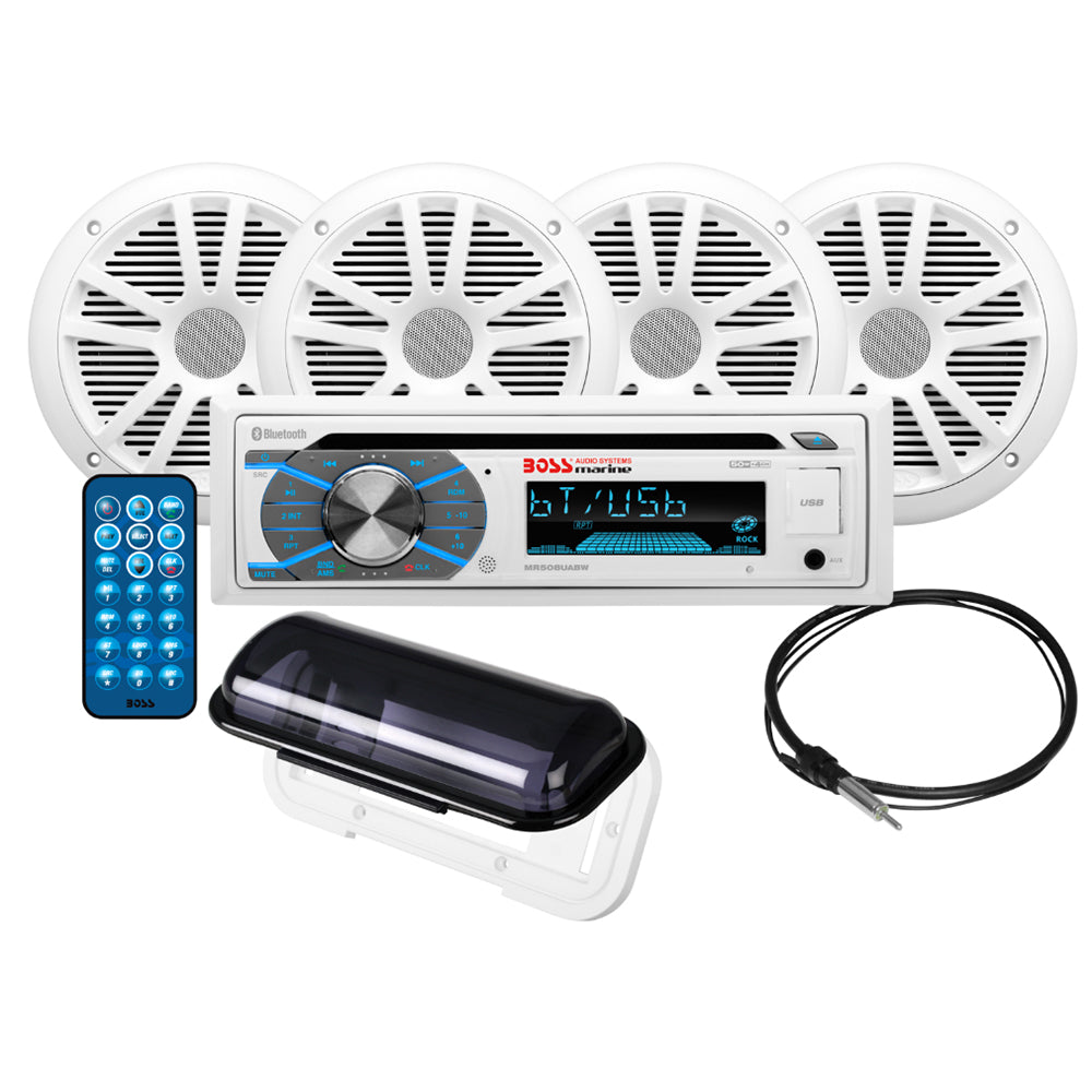Boss Audio MCK508WB.64S marine stereo with two pairs of 6.5-inch white speakers, ideal for boat audio systems.