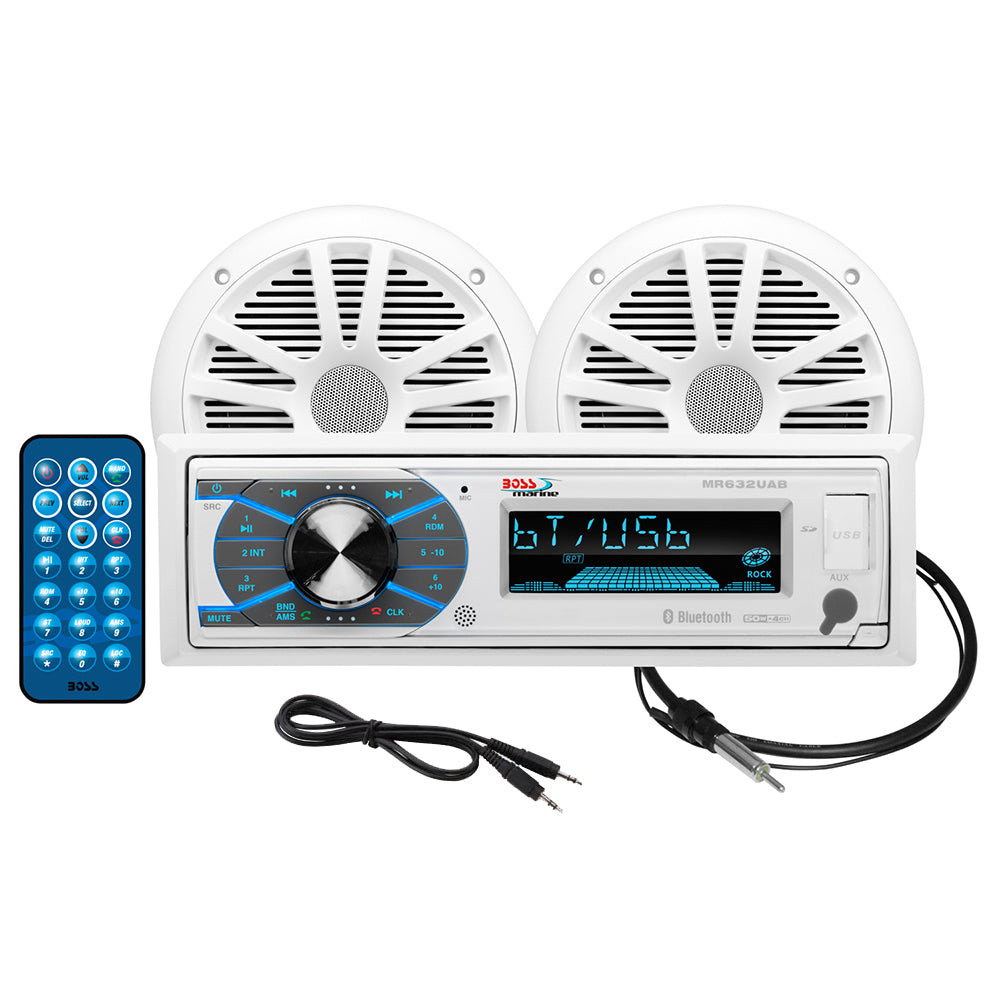 Boss Audio MCK632WB.6 marine stereo with white 6.5-inch speakers, shown as part of a boat audio speaker kit.