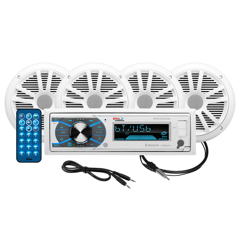 Boss Audio MCK632WB.64 marine stereo with two pairs of 6.5-inch white speakers, designed for boat or marine audio systems.