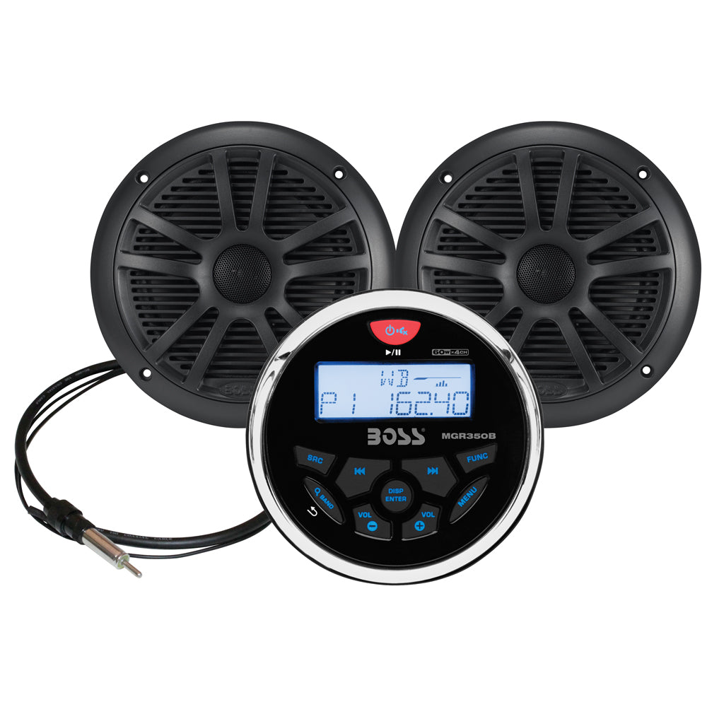 Boss Audio MCKGB350W.6 marine stereo with black 6.5-inch speakers and speaker kit, designed for boat audio systems.