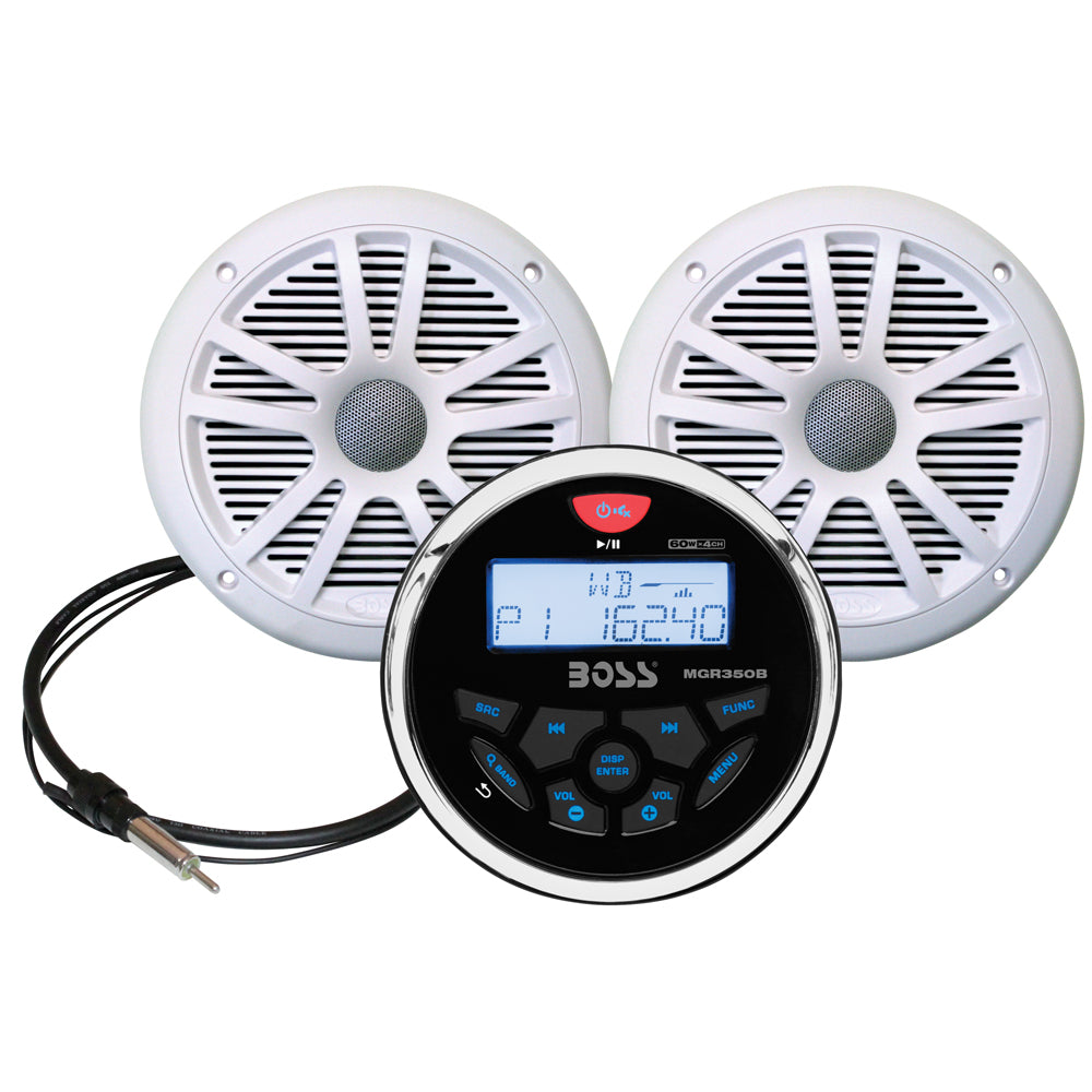 Boss Audio MCKGB350W.6 marine stereo with white 6.5-inch speakers in a durable speaker kit for boat or marine use