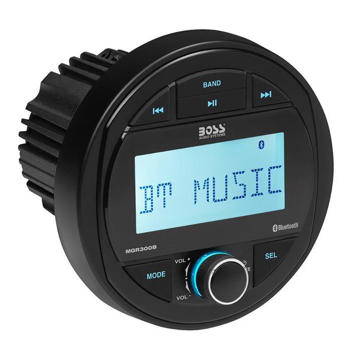 Boss Audio MGR300B marine stereo with AM/FM radio, Bluetooth, and USB port, displaying the stereo unit with control buttons.