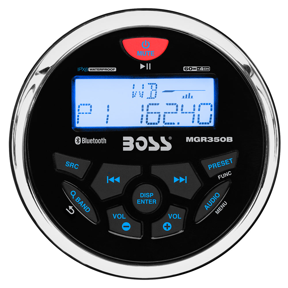 Boss Audio MGR350B marine stereo with AM/FM, Bluetooth, and USB ports, featuring a sleek control panel and display screen.