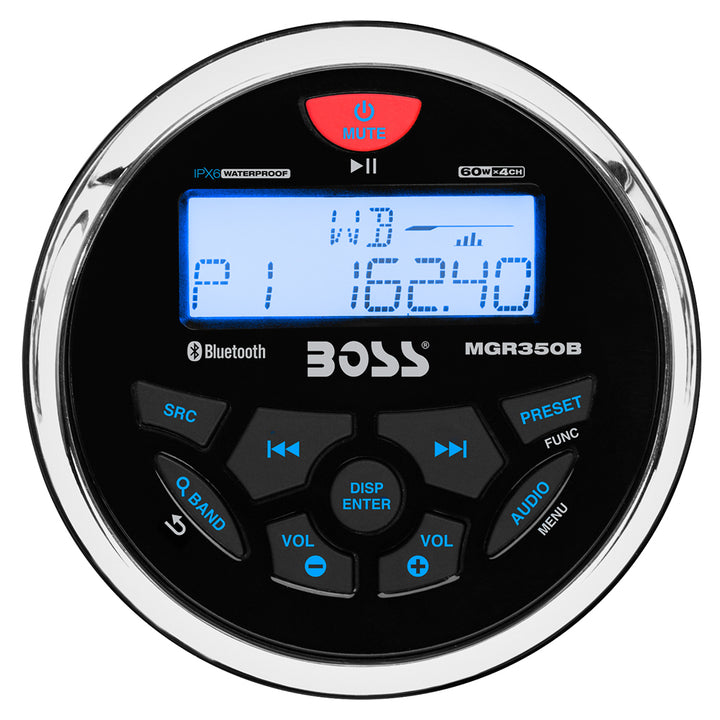 Boss Audio MGR350B marine stereo with AM/FM, Bluetooth, and USB ports, featuring a sleek control panel and display screen.