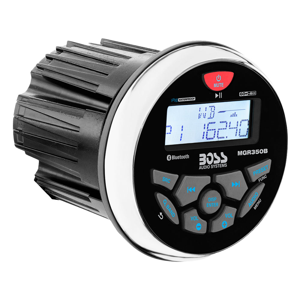 Boss Audio MGR350B marine stereo with AM/FM radio, Bluetooth, and USB port, shown installed in a boat's dashboard.
