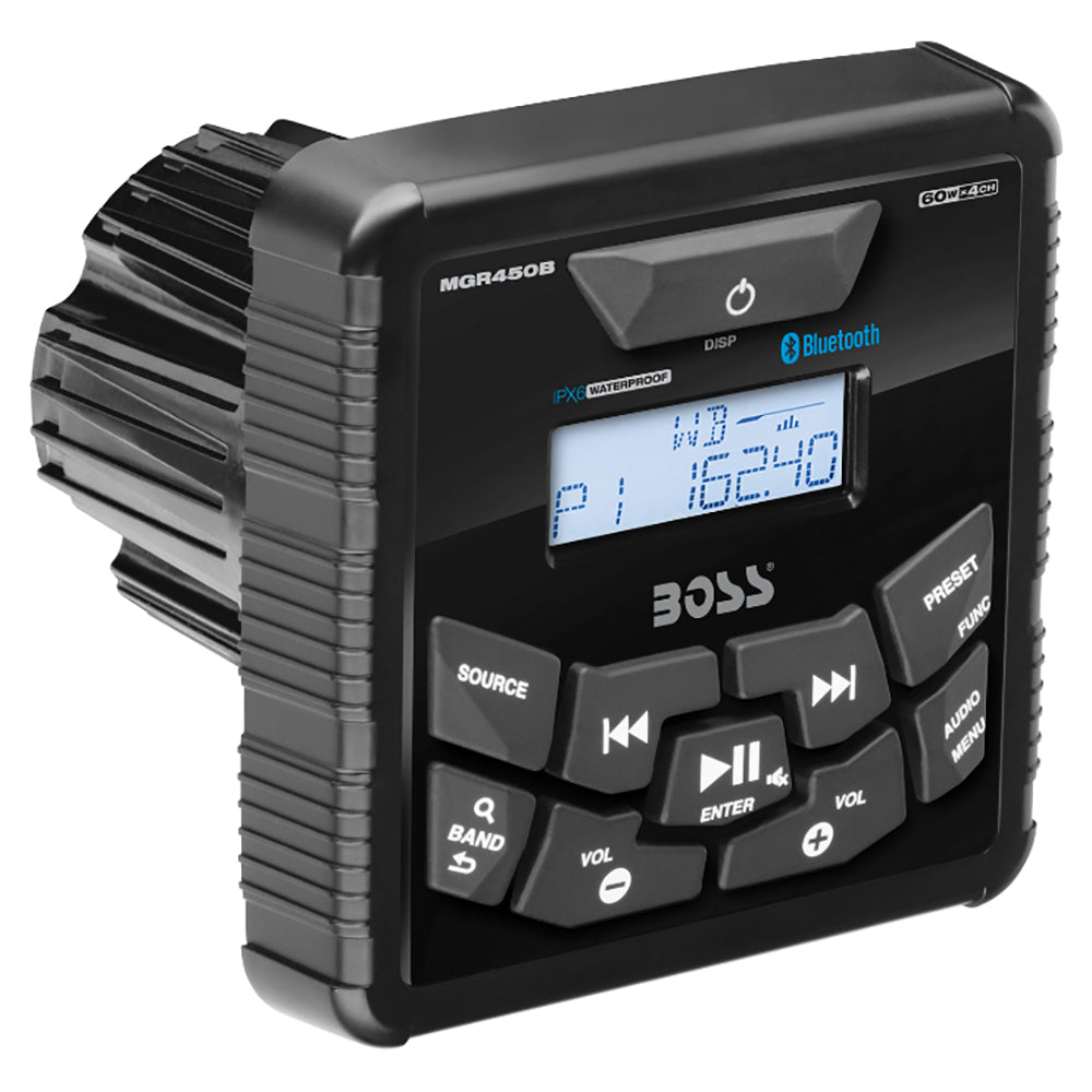 Boss Audio MGR450B marine stereo with AM/FM radio and Bluetooth, shown installed in a boat dashboard.