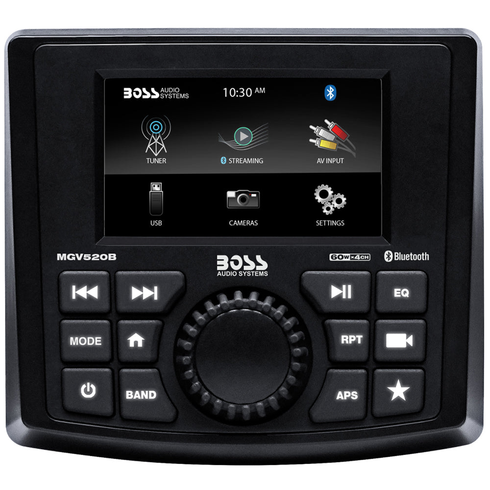 Boss Audio MGV520B marine stereo with AM/FM, Bluetooth, USB port, and rear camera, featuring a sleek control panel and display.