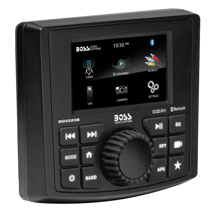 Boss Audio MGV520B marine stereo with AM/FM radio, Bluetooth, USB port, and rear camera for boat audio entertainment.