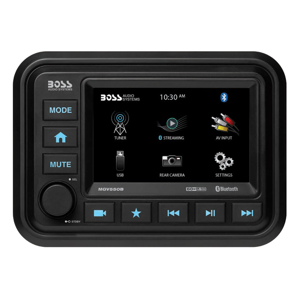Boss Audio MGV550B marine stereo with AM/FM, Bluetooth, and rear camera, featuring a sleek control panel and display screen.