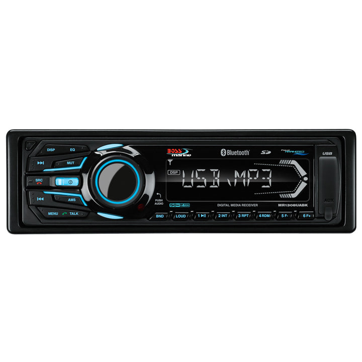 Boss Audio MR1308UABK Bluetooth marine stereo with digital media receiver, USB, SD card ports, and auxiliary input, waterproof design.