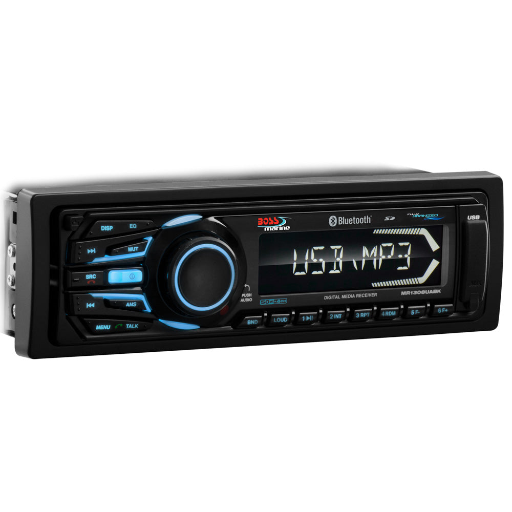 Boss Audio MR1308UABK marine Bluetooth stereo with USB, SD card ports, aux input, MP3 compatibility, and fully marinized design.
