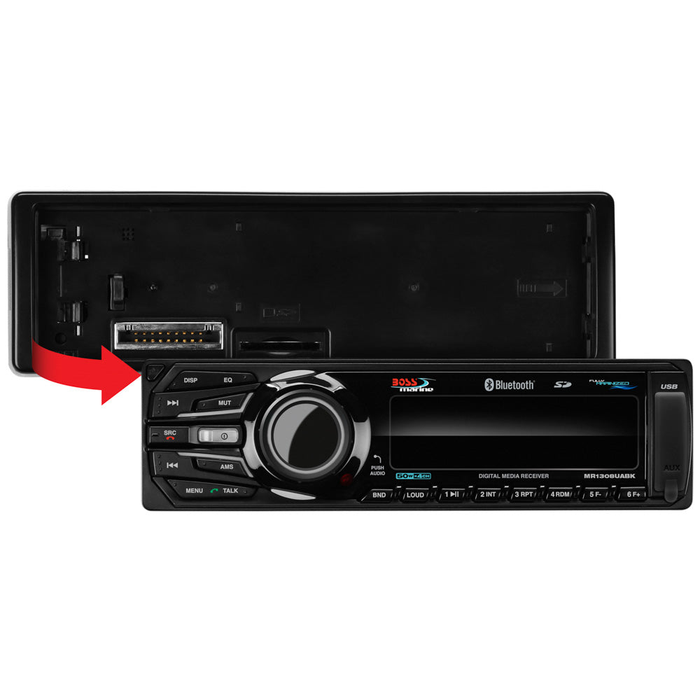 Boss Audio MR1308UABK marine stereo receiver with Bluetooth, USB, SD card slots, and auxiliary input for digital media playback.