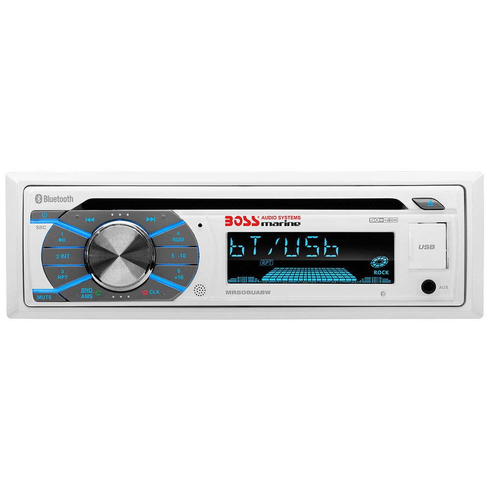 Boss Audio MR508UABW marine stereo with AM/FM, CD, Bluetooth, and USB ports, shown installed in a boat dashboard.
