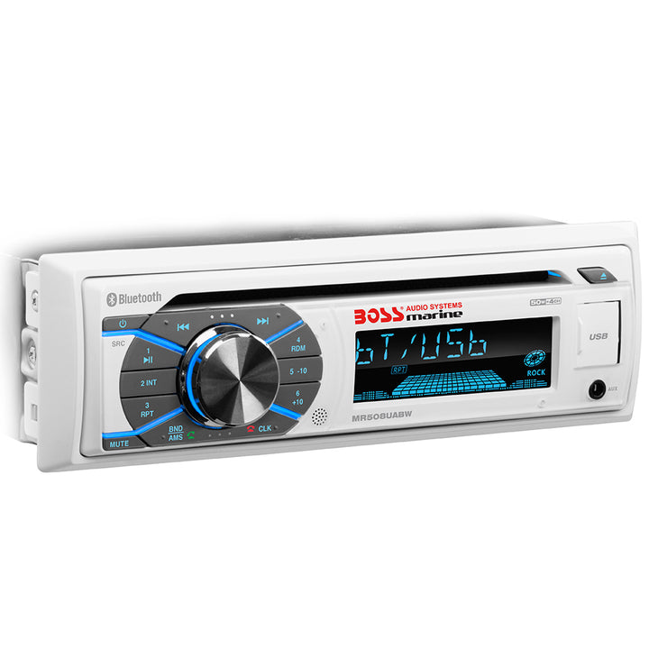 Boss Audio MR508UABW marine stereo with AM/FM radio, CD player, Bluetooth, and USB port, featuring a sleek control panel.