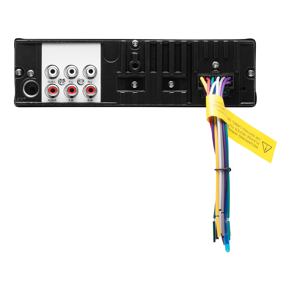 Boss Audio MR508UABW marine stereo with AM/FM, CD, Bluetooth, and USB ports, shown with control buttons and display screen.