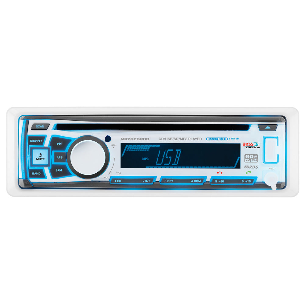 Boss Audio MR762BRGB marine stereo with AM/FM/CD/BT/USB, featuring colorful RGB lighting controls and durable marine-grade design.