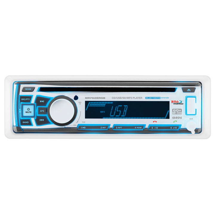 Boss Audio MR762BRGB marine stereo with AM/FM/CD/BT/USB, featuring colorful RGB lighting controls and durable marine-grade design.