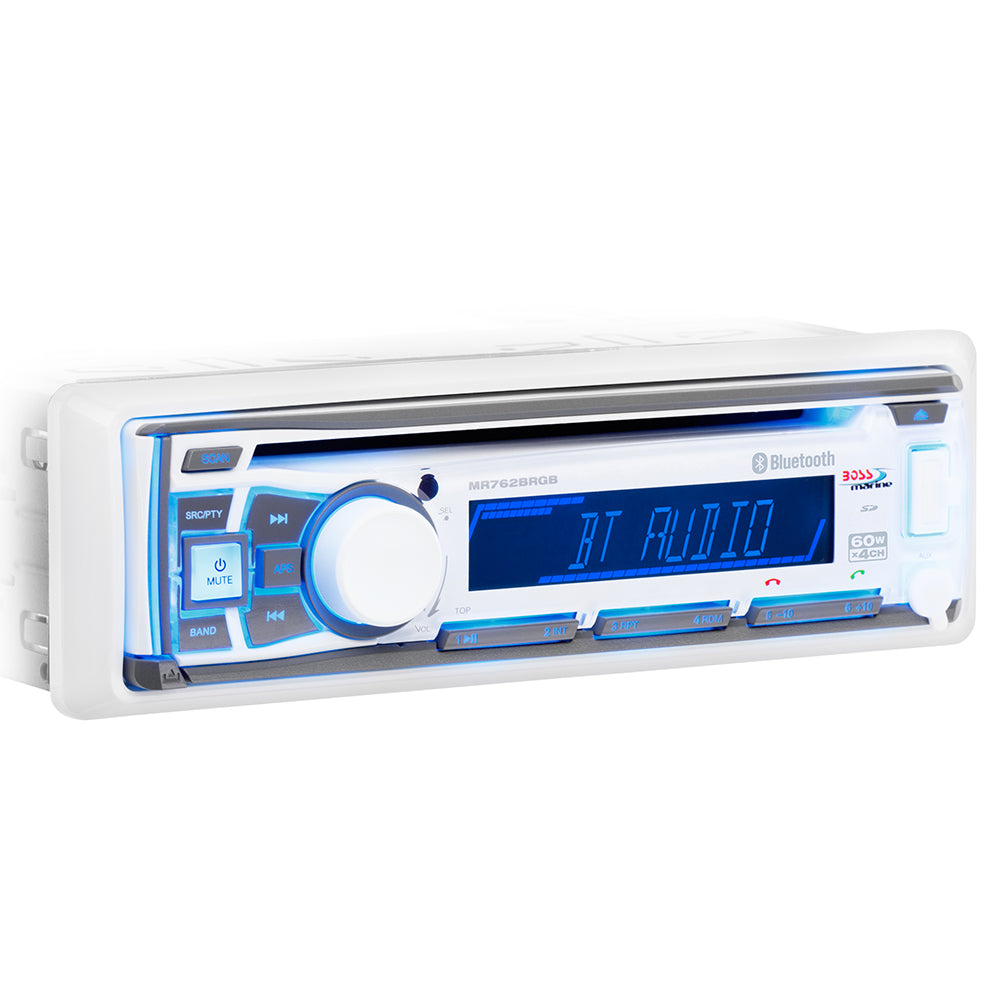 Boss Audio MR762BRGB marine stereo with AM/FM, CD, Bluetooth, and USB ports, featuring a sleek control panel and colorful RGB lighting.