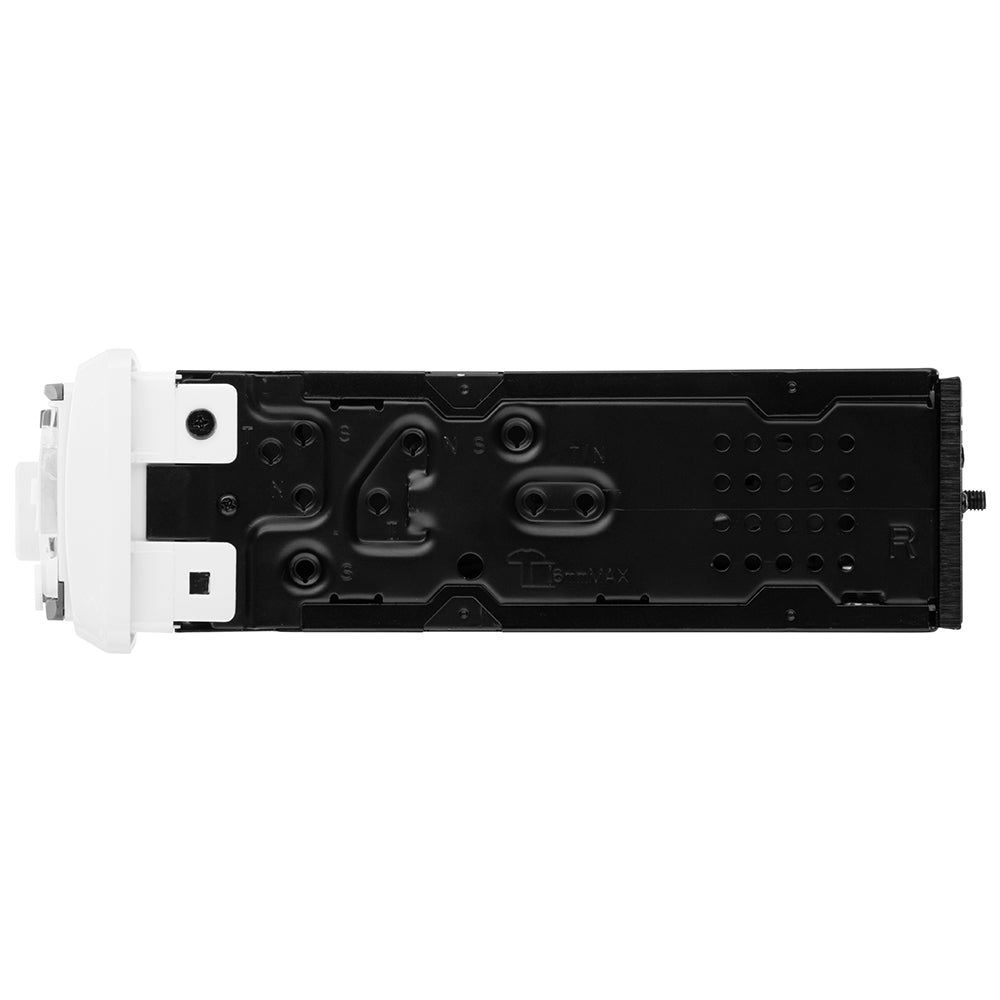 Boss Audio MR762BRGB Marine Stereo with AM/FM, CD, Bluetooth, and USB ports shown in a close-up of the stereo faceplate.