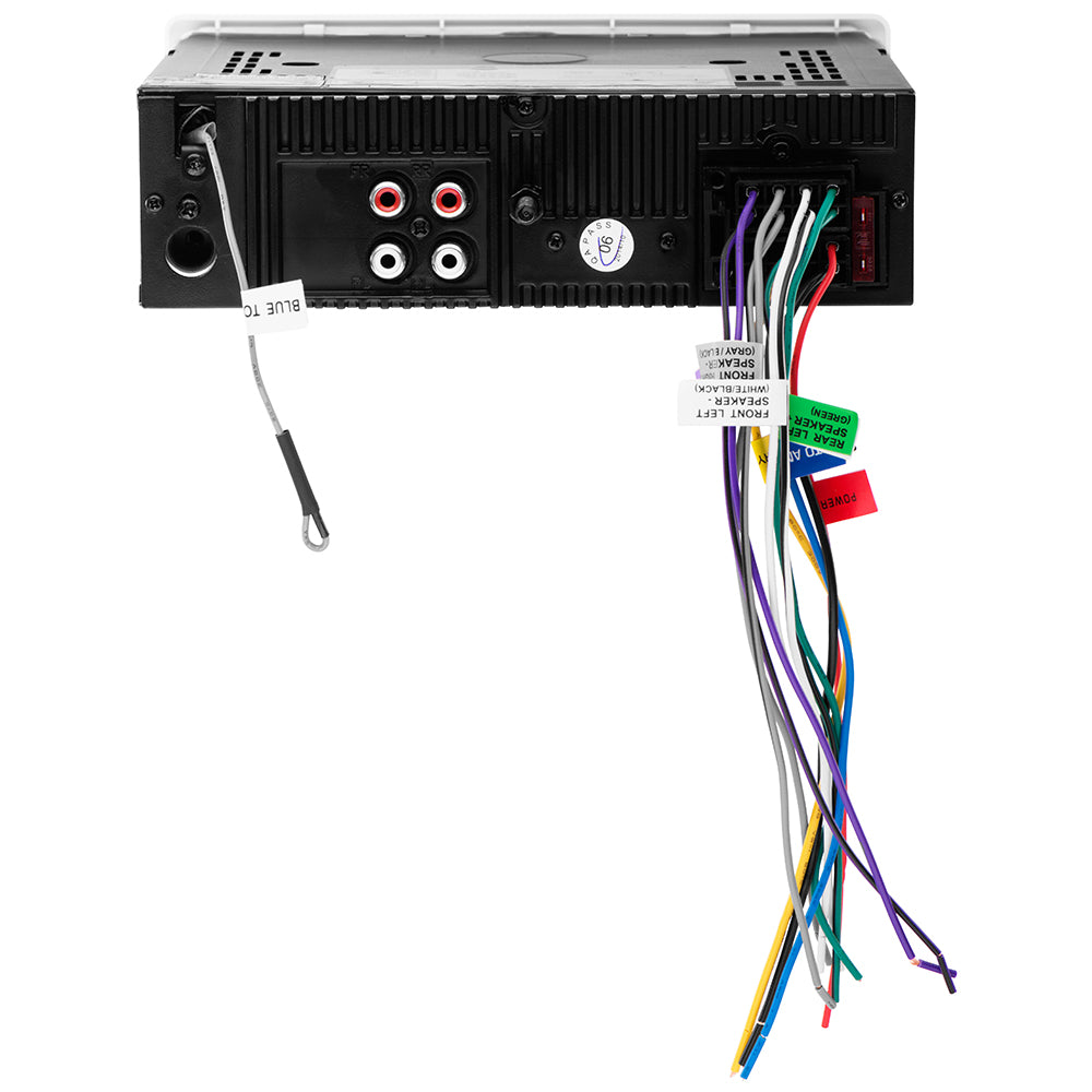 Boss Audio MR762BRGB marine stereo with AM/FM, CD, Bluetooth, and USB ports, shown with colorful LED lighting on the front panel.