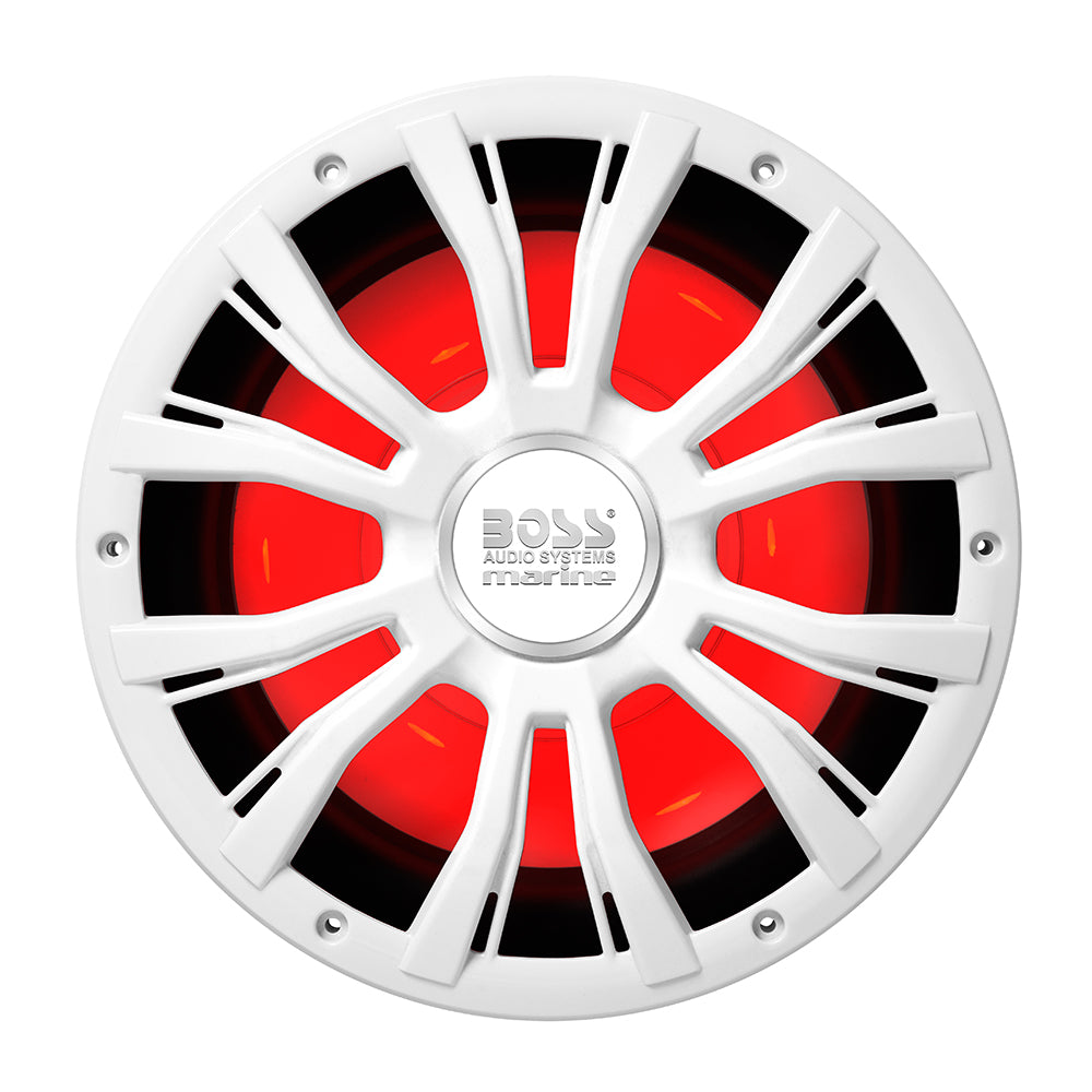 Boss Audio 10-inch MRG10W subwoofer with RGB lighting in white, delivering 800W for powerful bass and vibrant illumination.