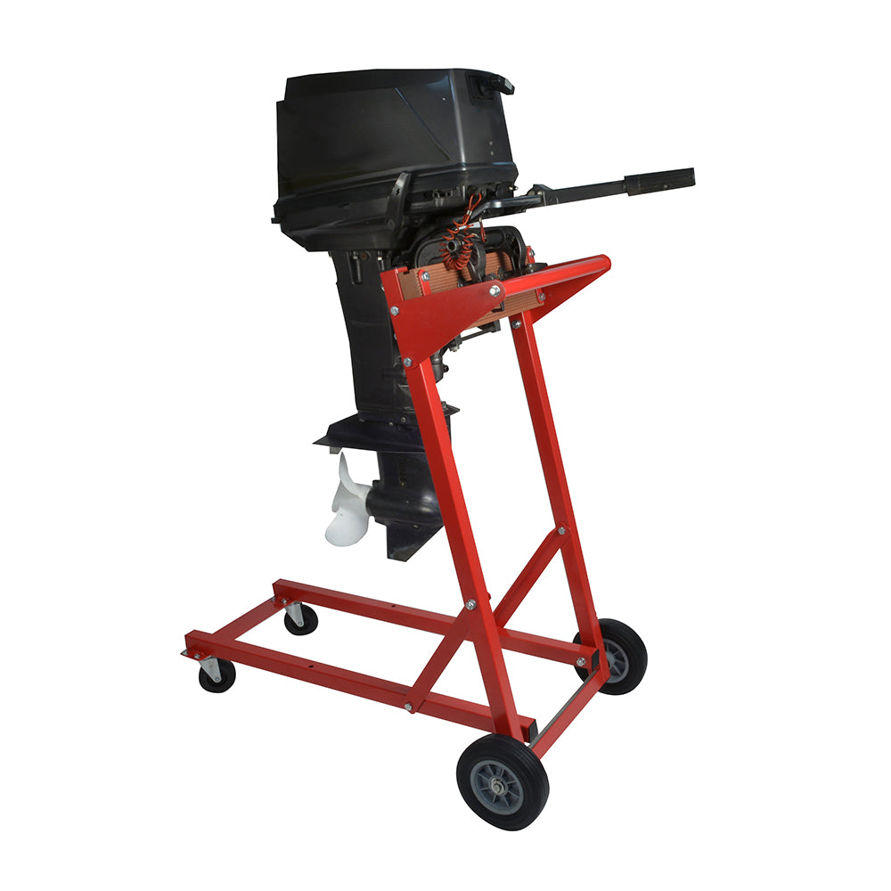 Red C.E. Smith Outboard Motor Dolly designed for up to 250lb, used for transporting and storing outboard motors.